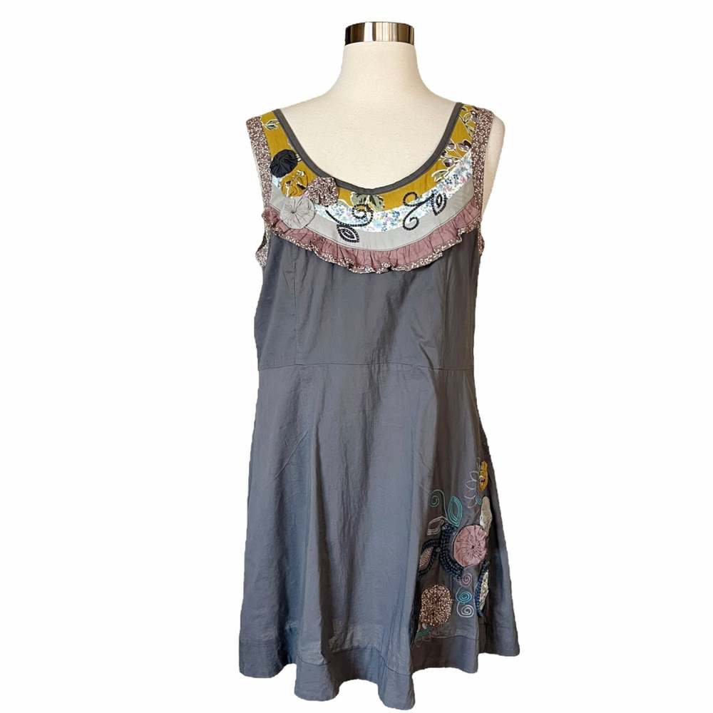LULUMARI Cotton Embroidered Patchwork Dress Scoop Neck Sleeveless Gray Large EUC